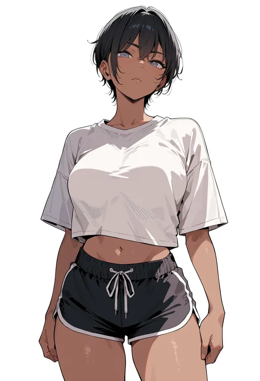 masterpiece, best quality, score_7, safe, black shorts, 1girl, solo, simple background — by k3scat, made with ComfyUI