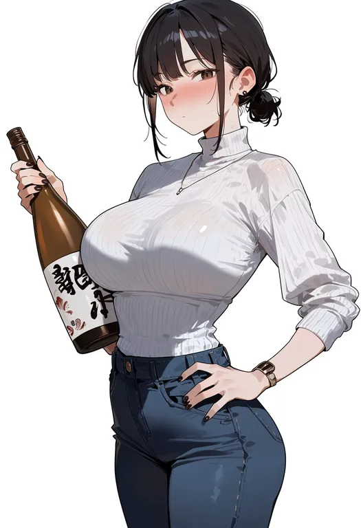 masterpiece, best quality, score_7, safe, sake bottle, 1girl, solo, simple background — by k3scat, made with ComfyUI