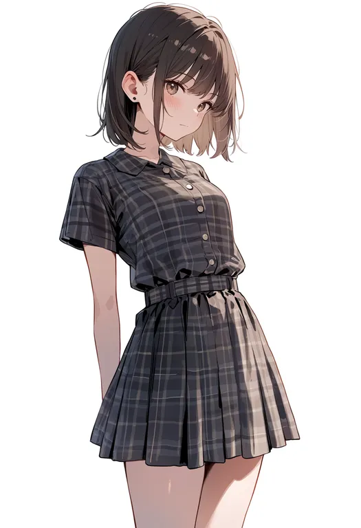 masterpiece, best quality, score_7, safe, plaid dress, 1girl, solo, simple background — by k3scat, made with ComfyUI