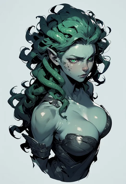 masterpiece, best quality, score_7, safe, medusa (mythology), mythology, solo, upper body, simple background — by k3scat, made with ComfyUI