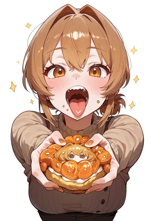 masterpiece, best quality, score_7, safe, character-themed food, 1girl, solo, upper body, simple background — by k3scat, made with ComfyUI