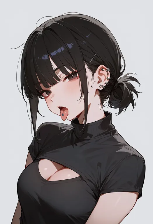 masterpiece, best quality, score_7, safe, tongue piercing, 1girl, solo, upper body, simple background — by k3scat, made with ComfyUI