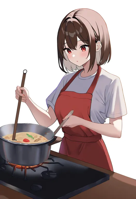 masterpiece, best quality, newest, absurdres, highres, safe, cooking, 1girl, solo, full_body, simple_background — by k3scat, made with ComfyUI