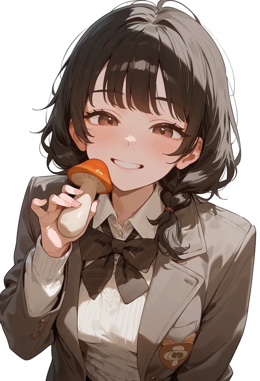 masterpiece, best quality, score_7, safe, enoki mushroom, 1girl, solo, upper body, simple background — by k3scat, made with ComfyUI