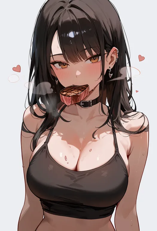 masterpiece, best quality, score_7, safe, steak, 1girl, solo, upper body, simple background — by k3scat, made with ComfyUI