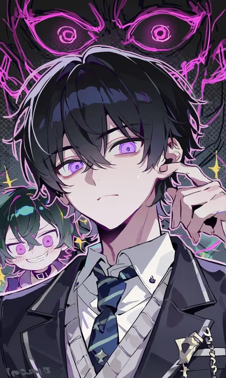 let's_draw_pretty_boys_challenge, black_hair, villainous, deep_background, purple_eyes — by 岚亦, made with ComfyUI