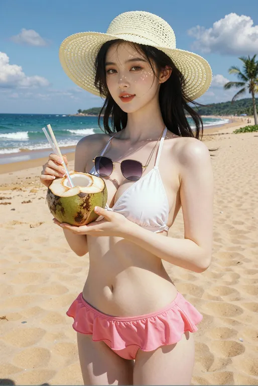 一位东方美女，身材纤细玲珑，面容精致清秀，皮肤白皙透亮，黑色长发微卷披散在肩后，额前几缕碎发随风轻拂，眉形细弯，杏眼明亮有神，鼻梁高挺，嘴唇涂着淡粉色唇彩，表情自然微笑，眼神愉悦。… — by kessness, made with ComfyUI