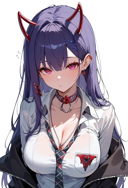 masterpiece, best quality, score_7, safe, akuma nihmune, solo, upper body, simple background — by k3scat, made with ComfyUI