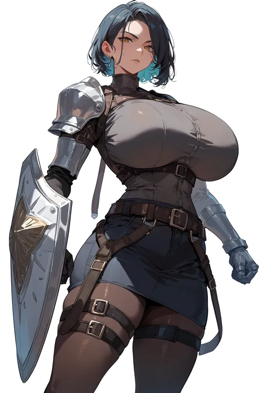 masterpiece, best quality, score_7, safe, shield, 1girl, solo, simple background — by k3scat, made with ComfyUI
