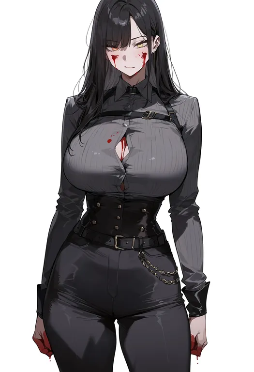 masterpiece, best quality, score_7, safe, blood, 1girl, solo, simple background — by k3scat, made with ComfyUI