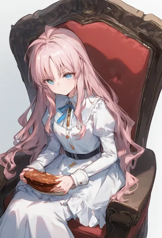 masterpiece, best quality, general, on chair, 1girl, solo, simple background — by k3scat, made with ComfyUI
