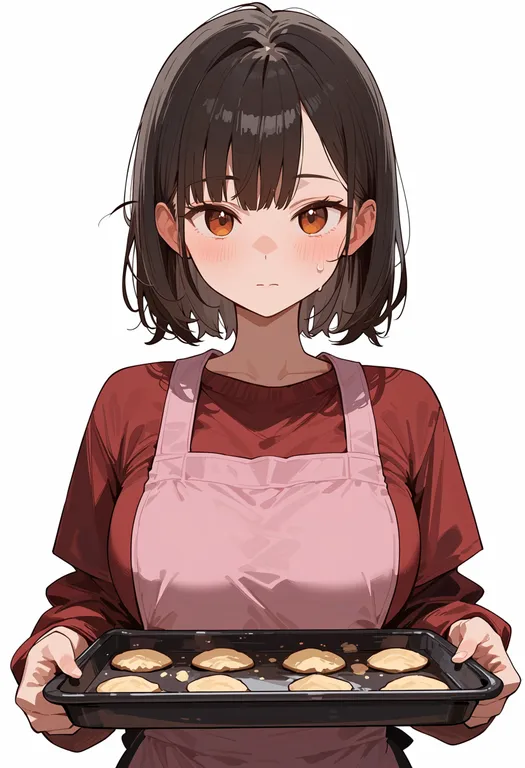 masterpiece, best quality, score_7, safe, baking sheet, 1girl, solo, upper body, simple background — by k3scat, made with ComfyUI