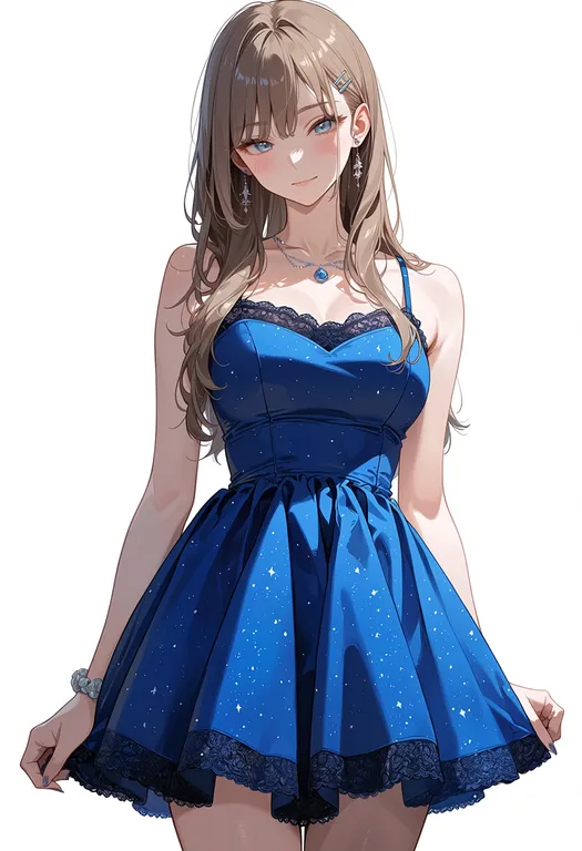 masterpiece, best quality, score_7, safe, blue dress, 1girl, solo, simple background — by k3scat, made with ComfyUI