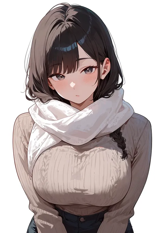 masterpiece, best quality, score_7, safe, white scarf, 1girl, solo, upper body, simple background — by k3scat, made with ComfyUI