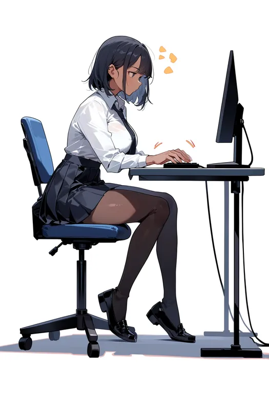 masterpiece, best quality, score_7, safe, typing, 1girl, solo, full body, simple background — by k3scat, made with ComfyUI