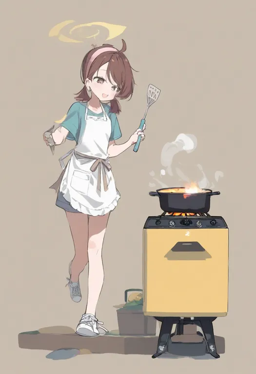 masterpiece, best quality, general, cooking, 1girl, solo, full body, simple background — by k3scat, made with ComfyUI