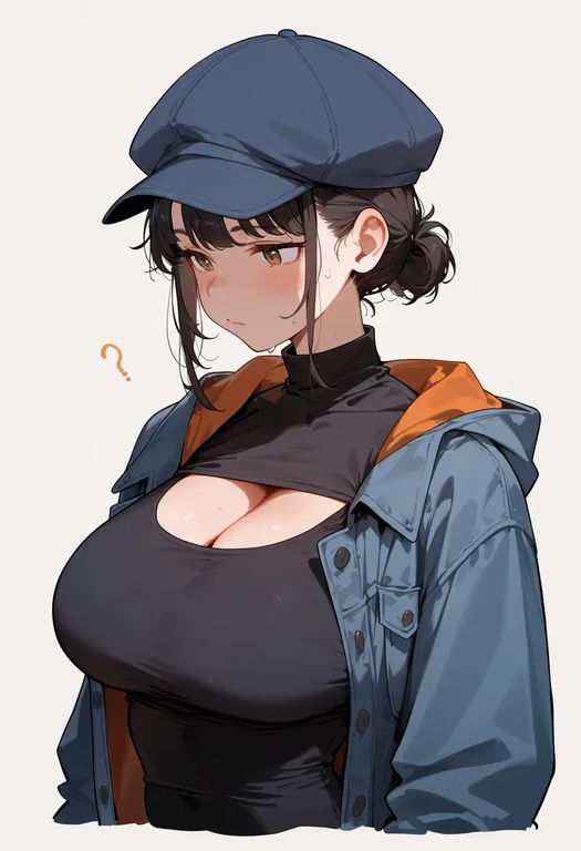 masterpiece, best quality, score_7, safe, newsboy cap, 1girl, solo, upper body, simple background — by k3scat, made with ComfyUI