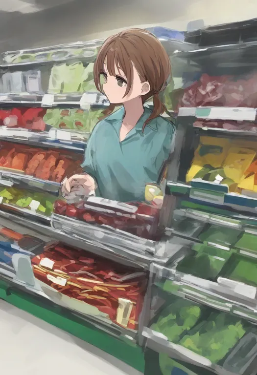 masterpiece, best quality, general, supermarket, 1girl, solo, upper body, simple background — by k3scat, made with ComfyUI
