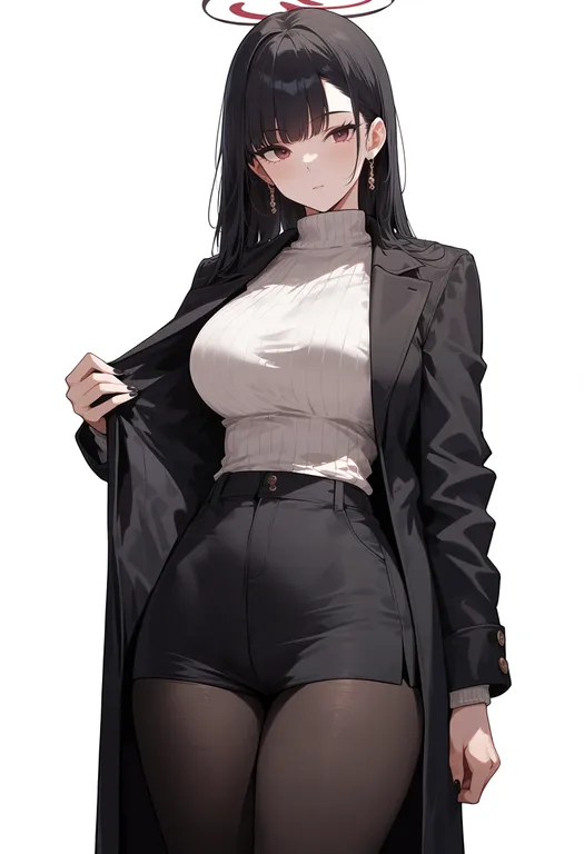 masterpiece, best quality, score_7, safe, black coat, 1girl, solo, simple background — by k3scat, made with ComfyUI