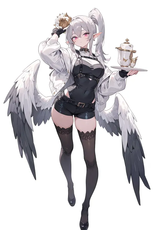 masterpiece, best quality, score_7, safe, spread wings, 1girl, solo, simple background — by k3scat, made with ComfyUI