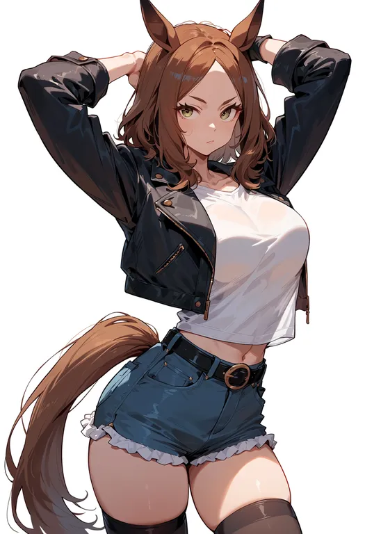 masterpiece, best quality, score_7, safe, horse tail, 1girl, solo, simple background — by k3scat, made with ComfyUI