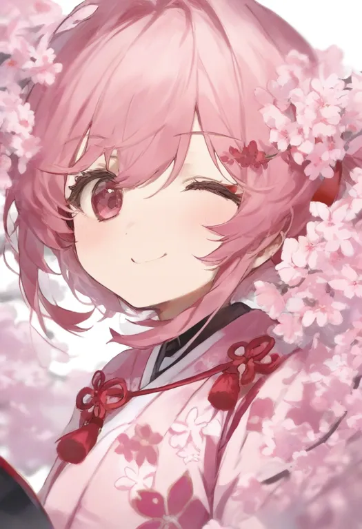 masterpiece, best quality, general, cherry blossom print, 1girl, solo, upper body, simple background — by k3scat, made with ComfyUI