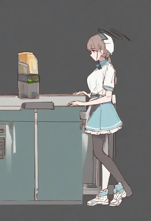 masterpiece, best quality, general, cashier, 1girl, solo, full body, simple background — by k3scat, made with ComfyUI