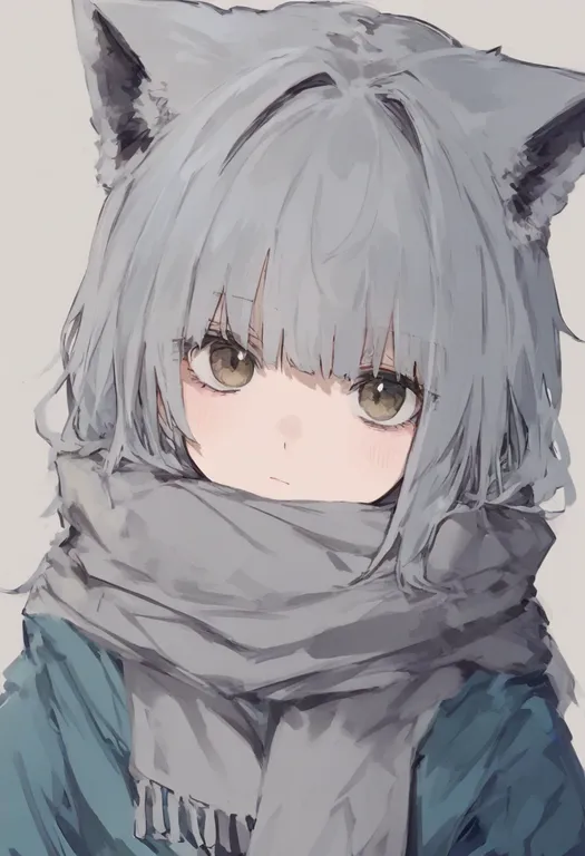 masterpiece, best quality, general, grey scarf, 1girl, solo, upper body, simple background — by k3scat, made with ComfyUI