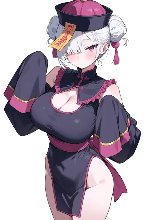 masterpiece, best quality, score_7, safe, jiangshi costume, 1girl, solo, simple background — by k3scat, made with ComfyUI