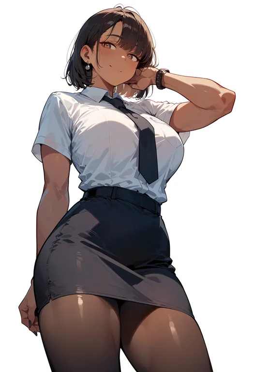 masterpiece, best quality, score_7, safe, working girls weekly, solo, simple background — by k3scat, made with ComfyUI