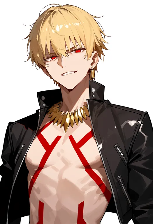 masterpiece, best quality, score_7, safe, gilgamesh (immoral biker jacket) (fate), solo, upper body, simple background — by k3scat, made with ComfyUI