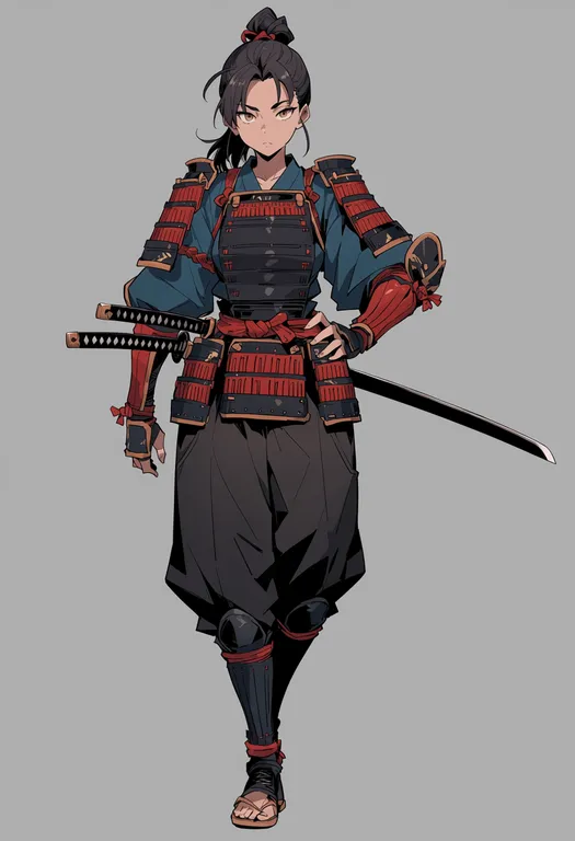 masterpiece, best quality, score_7, safe, samurai, 1girl, solo, full body, simple background — by k3scat, made with ComfyUI