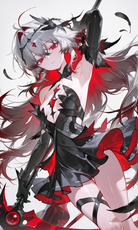 moria luluka, 1girl, a-line dress, antenna hair, arm up, armpits, bare shoulders, black dress, black feathers… — by 三叶草, made with ComfyUI