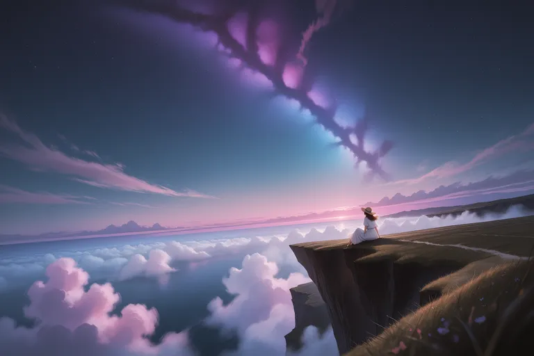 masterpiece, high quality, ultra-detailed, extreme wide angle, grand vista, vast landscape, girl sitting on cliff edge… — by Nick man, made with ComfyUI