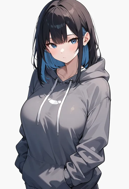 masterpiece, best quality, score_7, safe, grey hoodie, 1girl, solo, simple background — by k3scat, made with ComfyUI