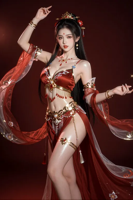 一位身材极致火辣的东方古典美女，长直黑亮长发及腰，搭配红色花朵发饰和金色发簪，眉心一点鲜红印记，精致脸庞红唇微启眼神妩媚自信，皮肤白皙细腻带有珠光，穿着华丽性感的红色古典舞裙，上身是镶嵌金色饰边的深V红色抹胸紧紧包裹丰满胸部露出大片雪白乳沟… — by kessness, made with ComfyUI