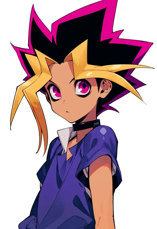 masterpiece, best quality, score_7, safe, muto yugi, solo, upper body, simple background — by k3scat, made with ComfyUI
