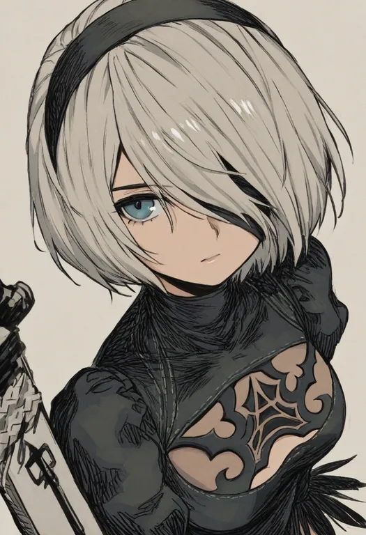 masterpiece, best quality, general, pod (nier:automata), nier:automata, solo, upper body, simple background — by k3scat, made with ComfyUI
