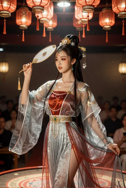 一位前贵族身份的东方古典美女，年约二十五岁，面容精致，眉眼间残留着优越的骨相与傲气，但眼神已沾染媚态。她画着浓艳的斜红妆，眉心贴有花钿，乌发梳成高耸的惊鹄髻，斜插金步摇与珠花，几缕发丝垂落肩头，耳垂挂碧玉坠。肌肤雪白细腻，面带薄红，嘴角噙着… — by kessness, made with ComfyUI
