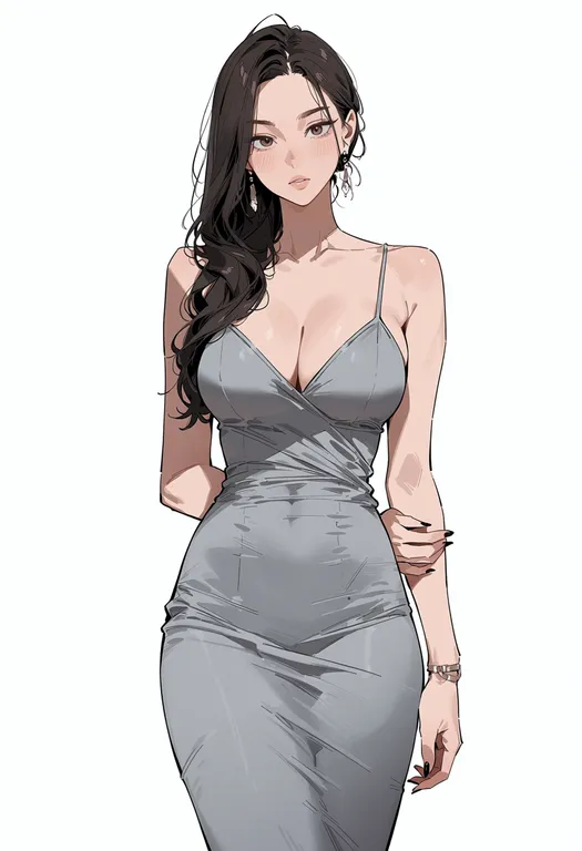masterpiece, best quality, score_7, safe, grey dress, 1girl, solo, simple background — by k3scat, made with ComfyUI