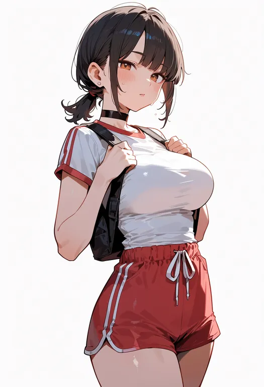 masterpiece, best quality, score_7, safe, red shorts, 1girl, solo, simple background — by k3scat, made with ComfyUI