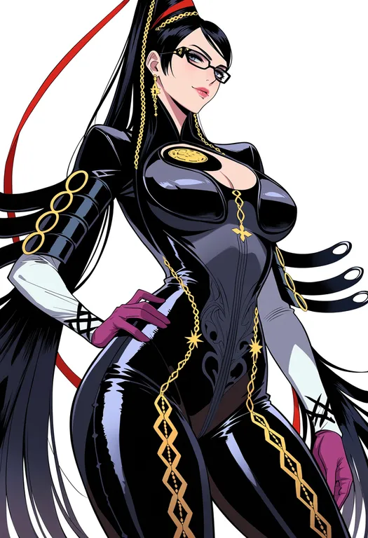 masterpiece, best quality, score_7, safe, bayonetta 1, solo, simple background — by k3scat, made with ComfyUI