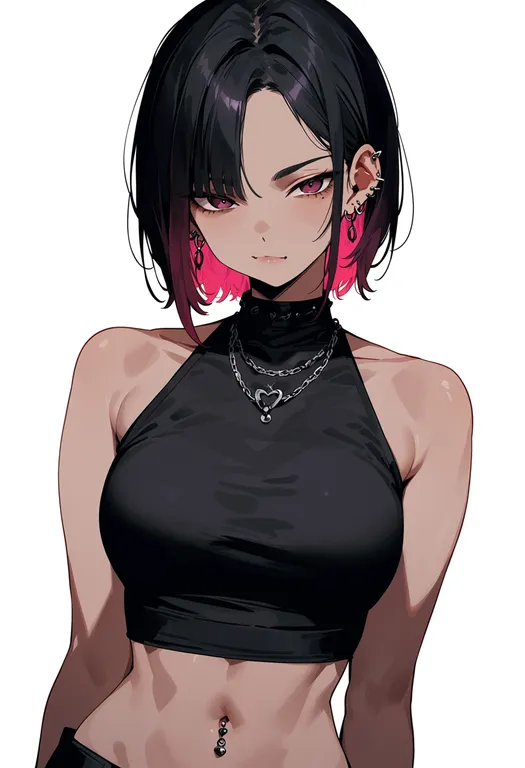 masterpiece, best quality, score_7, safe, navel piercing, 1girl, solo, upper body, simple background — by k3scat, made with ComfyUI