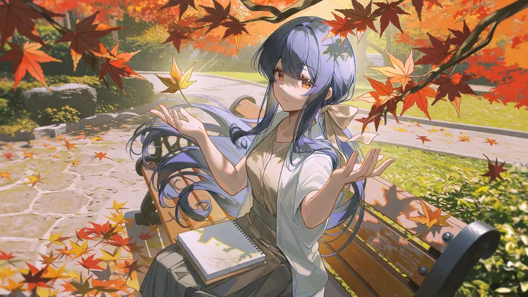 1girl, solo, pov, from_above, autumn, dappled_sunlight, sunbeam, park, stone_path, park_bench, maple_tree, branch… — by qiye1145, made with SD WebUI