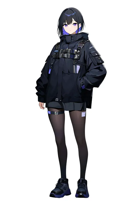 masterpiece, best quality, newest, absurdres, highres, safe, techwear, 1girl, solo, full_body, simple_background — by k3scat, made with ComfyUI