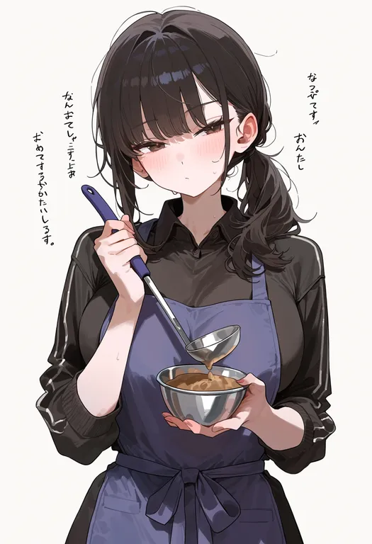 masterpiece, best quality, score_7, safe, holding ladle, 1girl, solo, upper body, simple background — by k3scat, made with ComfyUI