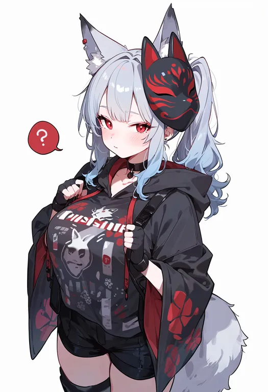 masterpiece, best quality, score_7, safe, fox mask, 1girl, solo, simple background — by k3scat, made with ComfyUI