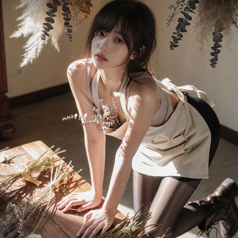 A crystal-clear soft-focus shot captured in a sunlit dried-flower workshop. A beautiful young East Asian woman with… — by 天才美少女, made with ComfyUI