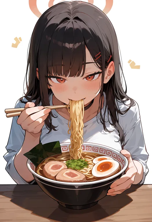 masterpiece, best quality, score_7, safe, ramen, 1girl, solo, upper body, simple background — by k3scat, made with ComfyUI