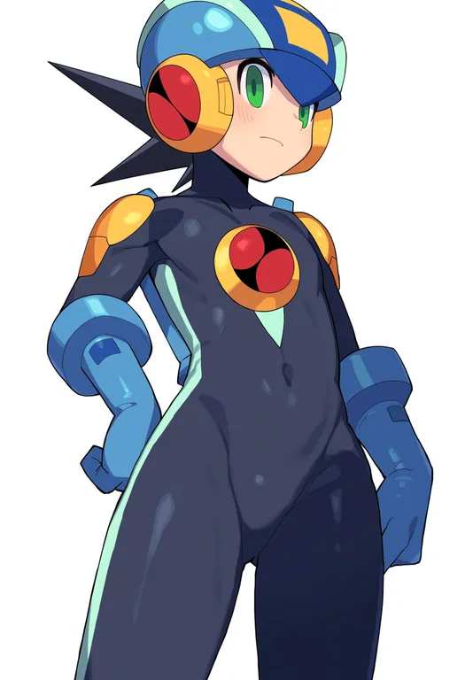 masterpiece, best quality, score_7, safe, mega man battle network 2, solo, simple background — by k3scat, made with ComfyUI